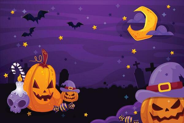 Halloween pumpkins, spooky trees and haunted house with moonlight on blue background.