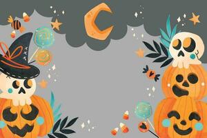 Happy Halloween party poster. Frame, night clouds, pumpkin in paper cut style. Vector illustration. Witch cauldron, spider web, flying ghost bat. Place for text. Brochure layout template background