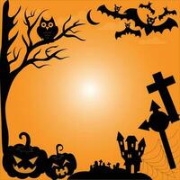 Happy Halloween party poster. Frame, night clouds, pumpkin in paper cut style. Vector illustration. Witch cauldron, spider web, flying ghost bat. Place for text. Brochure layout template background