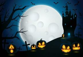 Halloween night background, pumpkins and dark castle. vector illustration.