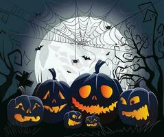 Halloween pumpkins, spooky trees and haunted house with moonlight on orange background. vector