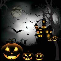 Halloween night background, pumpkins and dark castle. vector illustration.