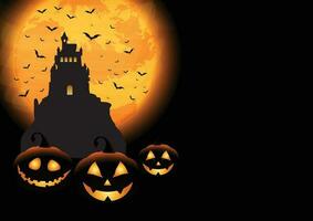 Halloween pumpkins, spooky trees and haunted house with moonlight on orange background. vector