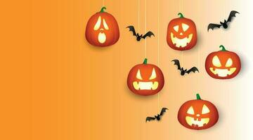 Halloween concept, Happy Jack O Lantern with wings flying among pumpkins on orange color background, minimal style, 3d render vector