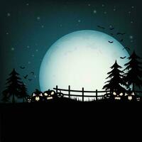 Halloween pumpkins, spooky trees and haunted house with moonlight on orange background. vector