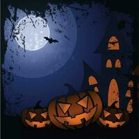 Halloween pumpkins, spooky trees and haunted house with moonlight on orange background. vector