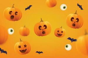 Halloween concept, Happy Jack O Lantern with wings flying among pumpkins on orange color background, minimal style, 3d render vector