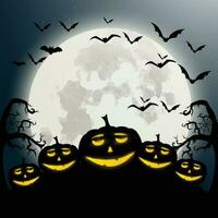 Halloween pumpkins, spooky trees and haunted house with moonlight on orange background. vector