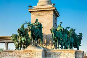 Statues of the Seven chieftains of the Magyars at the famous Heroes Square built on 1896 in Budapest photo