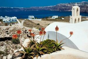 ver de el Egeo mar y un tradicional campana torre desde el restos de el castillo de acrotiri además conocido como goulas o la ponta, un ex veneciano castillo en el isla de santorini foto