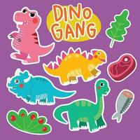 Set of Dinosaur Cute Character isolate on purple background. Cute Dinosaur stickers element. vector