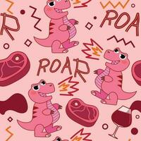 Seamless pattern Pink Dinosaur roar with food. vector