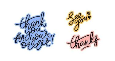 Vector set of common words for social media. Modern calligraphy phrases such as thank you for your order, see you, thanks. Designs for web, prints, banners.