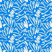Marker drawn scribble vector seamless pattern. Childish drawing. Hand draws calligraphy swirls for background. Curly brush white strokes on bright blue background as graphic design wallpaper.