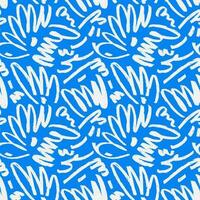 Marker drawn scribble vector seamless pattern. Childish drawing. Hand draws calligraphy swirls for background. Curly brush white strokes on bright blue background as graphic design wallpaper.