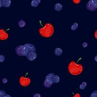 Juicy pattern with blue blueberries and red cherries in different sizes on dark blue background. Seamless. Summer. Vector