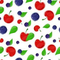 Summer berry pattern with green leaves, red cherries and blue blueberries in different sizes. Vector. Seamless. Isolated. vector