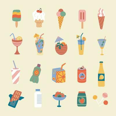 Set of Fruit juices, Retro lemonades, Summer cocktails, Retro ice cream