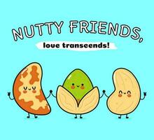 Cute, funny happy Brazilian nut, pistachio and cashews nut. vector