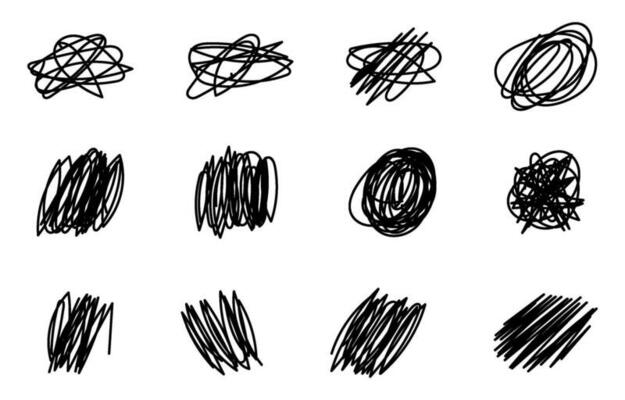 Hand drawn black brush strokes. Doodle pencil, marker, and pen. Paint and scribble lines. Isolated vector illustrations on white background.