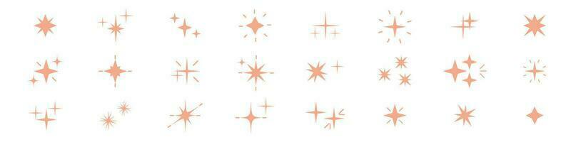 Magical star icons collection. Elements with glitter, shine and sparkle set. Light and glow lines. Vector illustrations isolated on white background.