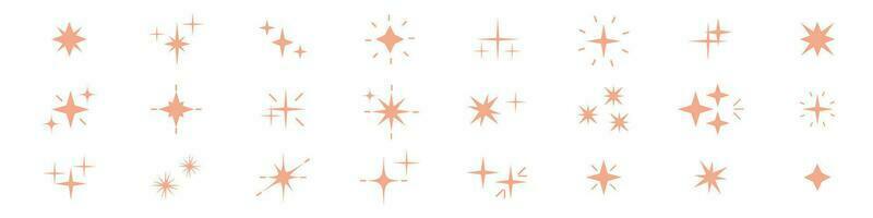 Magical star icons collection. Elements with glitter, shine and sparkle set. Light and glow lines. Vector illustrations isolated on white background.