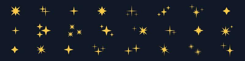 Magic yellow Shine. Sparkling line, doodle icons with twinkling stars. Isolated vector illustrations on white background.