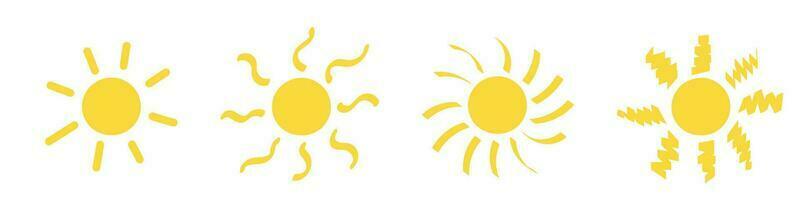 Variety of suns set. Simple yellow sun icon. Summer sunshine in a simple and cheerful style. Isolated vector illustrations on white background.