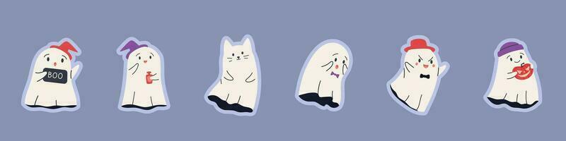 Kawaii ghosts collection. Halloween character set with scary and spooky faces. Isolated vector illustrations on a white background.