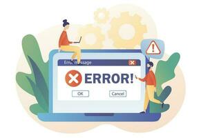 Tiny people examining operating system error warning window on computer. Error message on laptop screen. Modern flat cartoon style. Vector illustration on white background