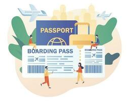 International airline. Big Airline boarding pass ticket. Tiny people booking flights travel online. Buy ticket online. Modern flat cartoon style. Vector illustration on white background