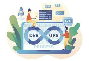 DevOps process on laptop. Tiny programmers practice of development and software operations. Software engineering culture. Modern flat cartoon style. Vector illustration on white background