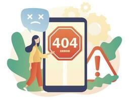 404 error - sign on smartphone screen. Page not found. Tiny woman updates system, installation programs, system maintenance. Modern flat cartoon style. Vector illustration on white background