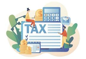 Tiny people filling tax form and pay bills on computer website. Online Tax payment. Business concept. Financial charge, obligatory payment calculating. Modern flat cartoon style. Vector illustration