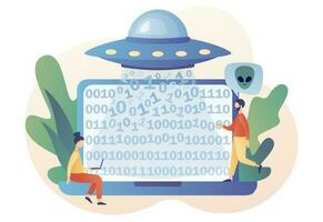 UFO spaceship with ray of light abducts data computer. World Contact day. Space concept. Alien. Futuristic unknown flying object. Modern flat cartoon style. Vector illustration on white background