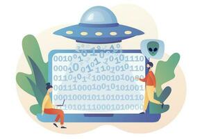 UFO spaceship with ray of light abducts data computer. World Contact day. Space concept. Alien. Futuristic unknown flying object. Modern flat cartoon style. Vector illustration on white background