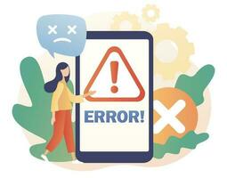 Tiny woman examining operating system error warning window on phone. Error message sign on smartphone screen. Modern flat cartoon style. Vector illustration on white background