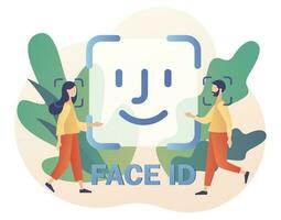 Face ID - big sign. Biometric identification system. Tiny people scans and recognition faceusing laser. Data security. Modern flat cartoon style. Vector illustration on white background