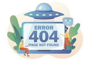 404 error, Page not found- text on laptop screen. UFO. Tiny people updates system, installation programs, system maintenance. Modern flat cartoon style. Vector illustration on white background