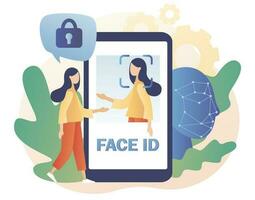 Face ID in smartphone app. Biometric identification system. Tiny woman scans and recognition faceusing laser use smartphone. Data security. Modern flat cartoon style. Vector illustration