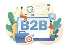 B2B. Business to business online. Tiny businessmens enter into agreement. Successful business collaboration. Marketing strategy, commerce. Modern flat cartoon style. Vector illustration