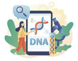 Genetic DNA Science. Tiny scientist investigating and testing DNA with smartphone in laboratory. Gene helix sign on smartphone screen.Modern flat cartoon style. Vector illustration on white background