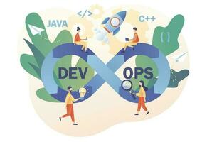 DevOps concept. Tiny programmers practice of development and software operations. Sign of infinity as symbol software engineering. Modern flat cartoon style. Vector illustration on white background