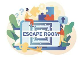 Quest room web site. Escape room. Exit maze. Tiny people trying to solve puzzles, find key, gettout of trap, finding conundrum solution. Modern flat cartoon style. Vector illustration