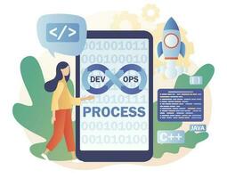 DevOps process on smartphone app. Tiny woman programmer practice of development and software operations. Software engineering. Modern flat cartoon style. Vector illustration on white background