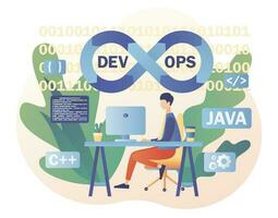 devops proceso. minúsculo programador práctica de desarrollo y software operaciones. software Ingenieria cultura. moderno plano dibujos animados estilo. vector ilustración en blanco antecedentes