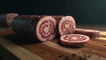 Smoked pork salami, gourmet appetizer on rustic table generated by AI photo