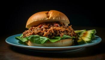 Grilled pulled pork sandwich on gourmet bun generated by AI photo