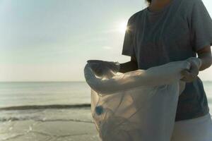 salvar océano. voluntario recoger arriba basura basura a el playa y el plastico botellas son difícil descomponer evitar daño acuático vida. tierra, ambiente, verdeado planeta, reducir global calentamiento, salvar mundo foto