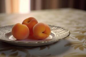 Juicy delicious apricot lies on a beautiful plate, Ai generated photo